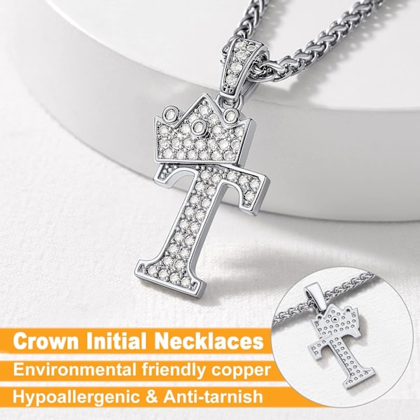 Krone Initial A-Z Halskjede, Iced Out Bokstavanheng med 22-24 Tommers Kjede, Menn Kvinner Bling Hip Hop Alfabet Navn Smykker Gave Store Initialer Halskjeder T Silver