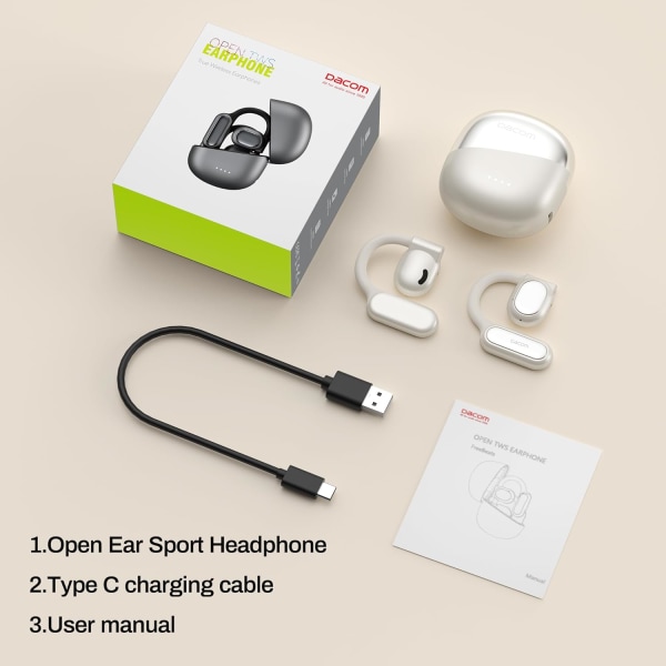 Åpne øre-hodetelefoner Bluetooth 5.3, True Wireless Open Ear Earbuds ENC Clear Talk med 16,2 mm dynamiske drivere 45 timer spilletid Trådløse ørepropper Langvarig White