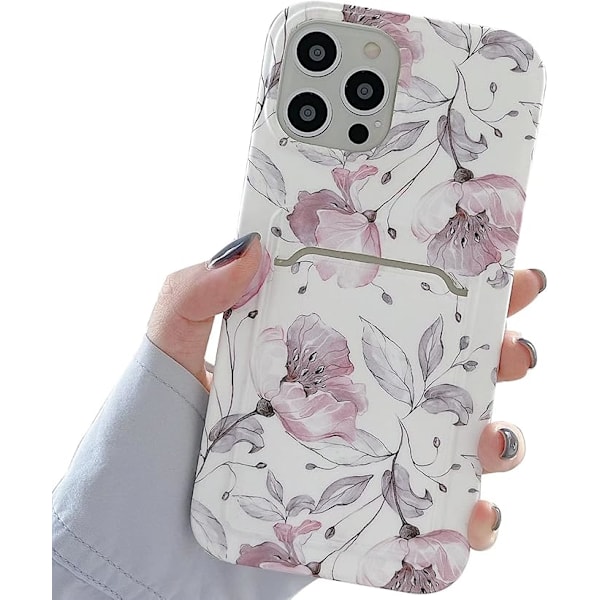 Designet til iPhone 13 Pro Cover med Kortholder, blomstret design cover til kvinder piger TPU Bumper Akryl Bagside Slankt