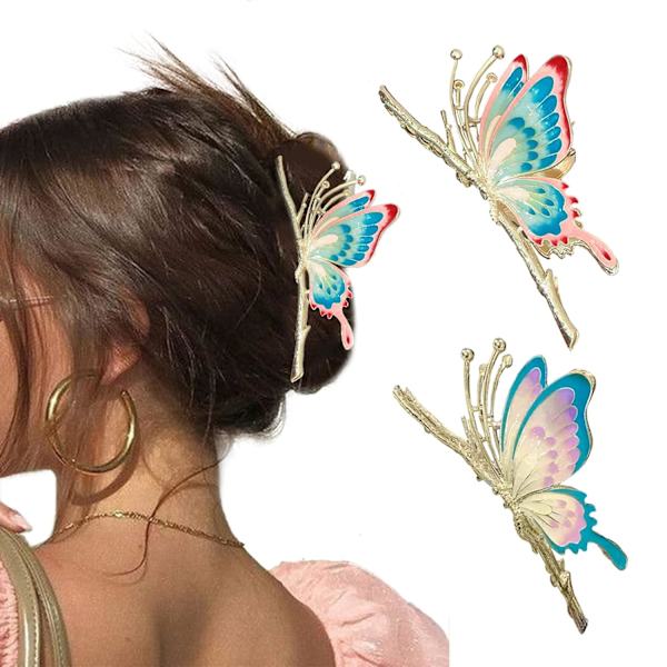 Sommerfugl hårklemme for kvinner, 2 stk store sklisikre sterke metall sommerfugl hårklemmer glitrende hold hårklemme A-Butterfly