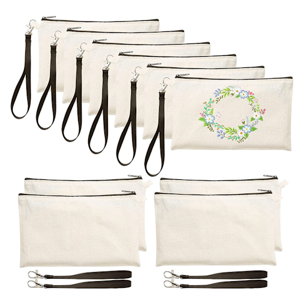 10 stk. Canvas Kosmetikpung med Sort Lanyard Bærbar Multifunktionel Blank DIY Craft Taske til Rejse Makeup Taske White