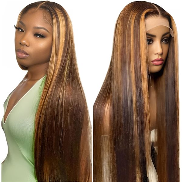 Ombre Highlight Lace Front Peruk Människohår 180% Densitet Honung Blond Lace Front Peruk Rak 13x4 Transparent Spets Limlös Peruk 4/27 Färgad Peruk Pre P Frontal Ombre Highlight Wig 22 Inch