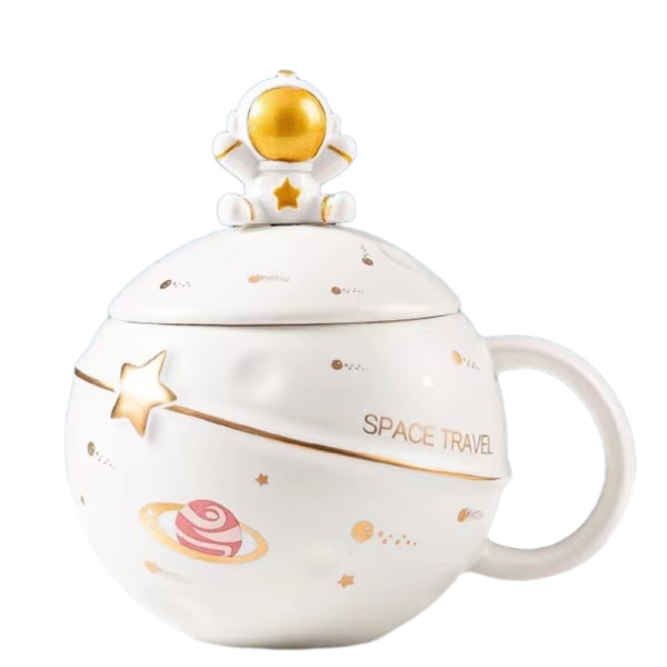 400 ml Astronaut Space Planet Mugg med lock och sked för kaffe, mjölk, presentfödelsedag för flicka pojke kvinnor, vit enkel outfit)