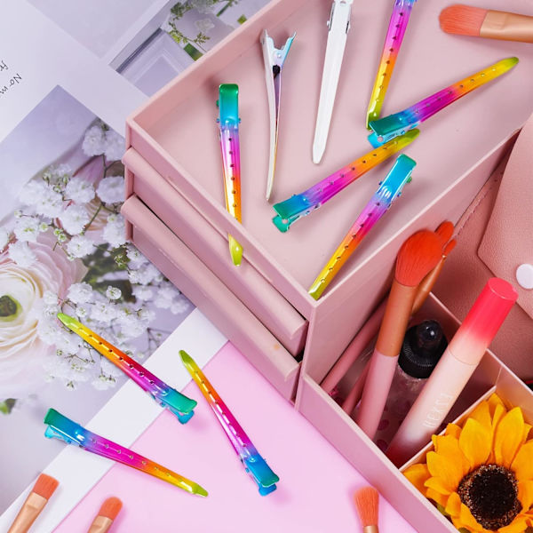 24-pack ankläppsklipp, 3,35 tum rostfria metallkrokodilklämmor med hål för hårstyling, hårfärgning Gradient Rainbow