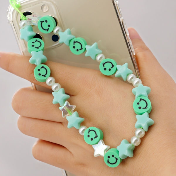 Pärltelefon handledsrem armband Smiley Face pärlor handgjorda färgglada polymerlera akryl pärlor pärla telefon charm rem för kvinnor Grils Green