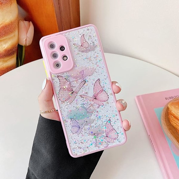 TPU-takakuori Samsung Galaxy A52 ja A52s 5G -puhelimille, läpinäkyvä glitter-nestesilikonikuori perhoskuviolla, naarmuuntumaton ja iskunkestävä