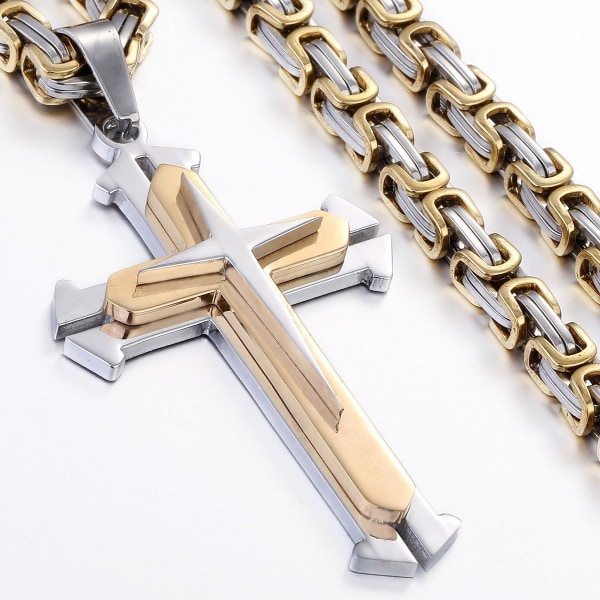 Kors Vedhæng Halskæde Mænd Drenge Rustfrit Stål Guld Sølv Byzantinsk Kæde 22 24 26 28 30inch 26inch Gold Silver Tone
