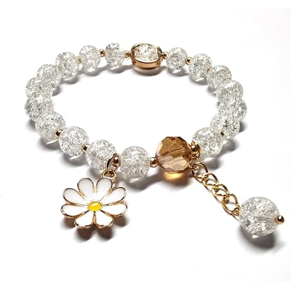 Glaserade Blommor Kristallpärlarmband 8mm Ädelsten Pärlarmband Stretcharmband med Blomma Armband för Kvinnor white