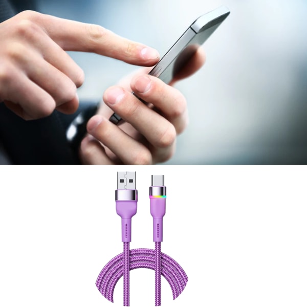 Snabbladdningskabel i aluminiumlegering USB C Laddningsdatakabel för telefon 3A Färgglatt ljus Purple