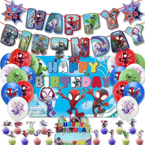 Marvel Friends bursdagsfestdekorasjoner Spider-Man dra flagg kaketopper ballong festutstyr C