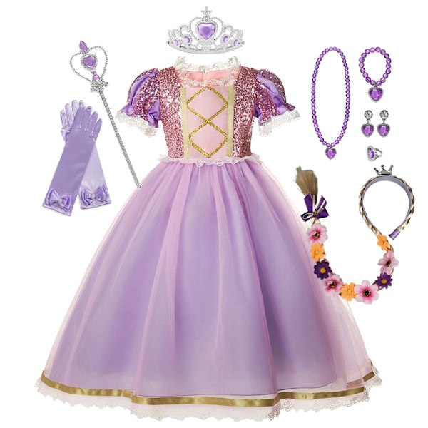 Rapunzelklänning för flickor, utklädningsklänning, fantasy, barnkalas, prinsesskostym, barn, halloween, lila paljetter, meshkläder Rapunzel B Set03-KL Rapunzel B Set03 3T(Tag110)