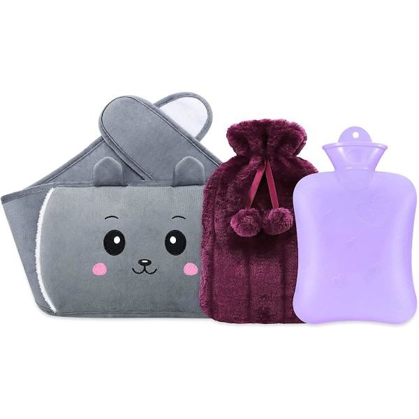 Hot Water Bottle, Rubber Hot Water Pouch With Soft Waist Waistbelt, Grey Warm