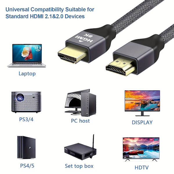 8K HDMI 2.1-kabel 6 fot, Ultra HD High Speed 48 Gbps 8K@60Hz, 4K@120Hz/144Hz-kabel, HDCP 2.2 & 2.3, Dynamic HDR eARC, för Xbox, PS4, PS5, Samsung, LG AO