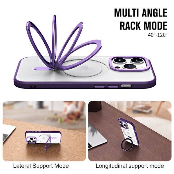 iPhone 14 Pro Fodral Kompatibelt med MagSafe Magnetiskt Osynligt Ställ Genomskinligt Kameraskydd Hårdplast Anti-Rep Baksida - Lila-AD10--O-