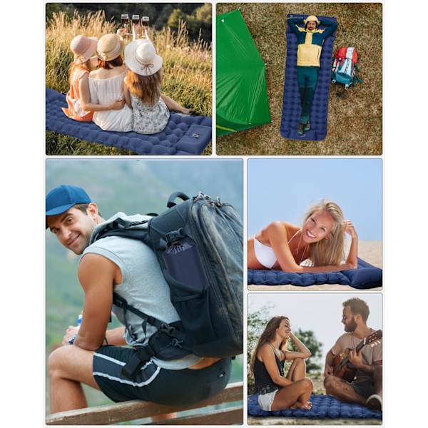 Campingmadras, Selvopblåsende Campingmadras, Ultralet Luftmadras, Opblåsbar Madras med Fodpumpe, Vandringsmadras (Marineblå) navy