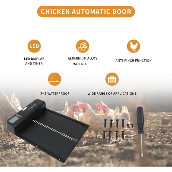 Automatisk hønsehusdør, automatisk hønsedør, automatisk hønsehusdør med timer, aluminiumslegering, IP45 vandtæt LED-display, automatisk dør
