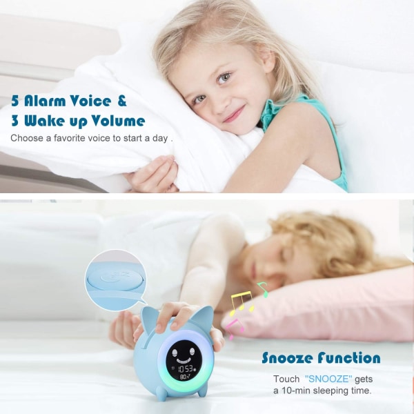 Barnväckarklocka med nattljus, väckarklocka, 5 färger Ljusstyrka Justerbar ljushögtalare Tidsinställda väckarklockor Automatisk temperaturvisning