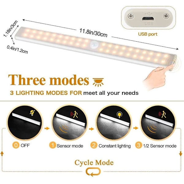 40 LED-lys for garderobe, bevegelsessensor, USB-oppladbar, 4 moduser, 30 cm varmt lys