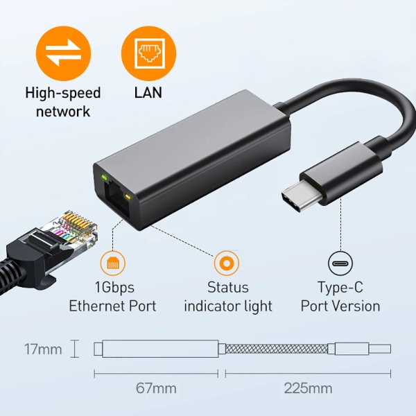 2500Mbps USB C till Ethernet Adapter USB Lan RJ45 nätverkskort för bärbar dator Xiaomi Mi Box S Nintendo Switch PC Aluminium Gigabit 1000Mbps USB C