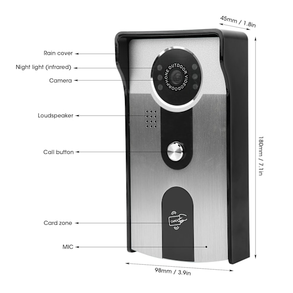 7-tums LCD-videodörrklocka med 2-vägs radio, nattseende, TFT-skärm, ID-kort, regnsäker, 100-240V US-kontakt