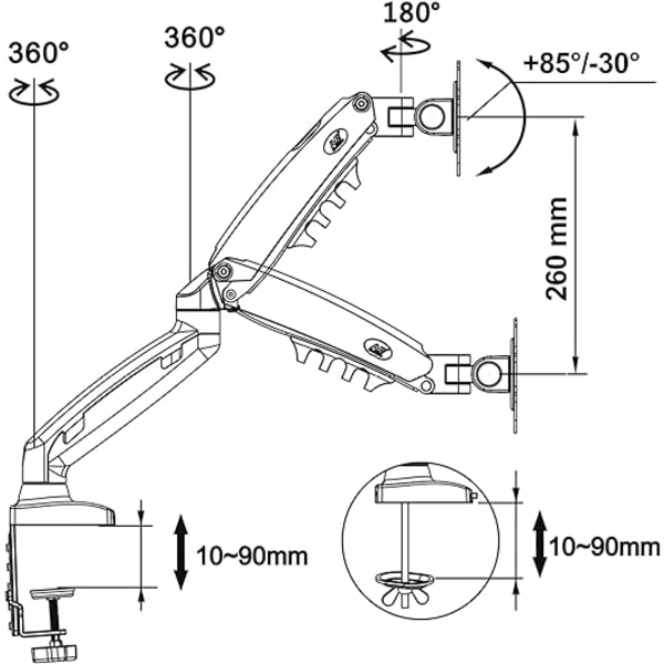 PC-skærmskærm, ergonomisk leddelt gasfjederarm, 360° roterbar