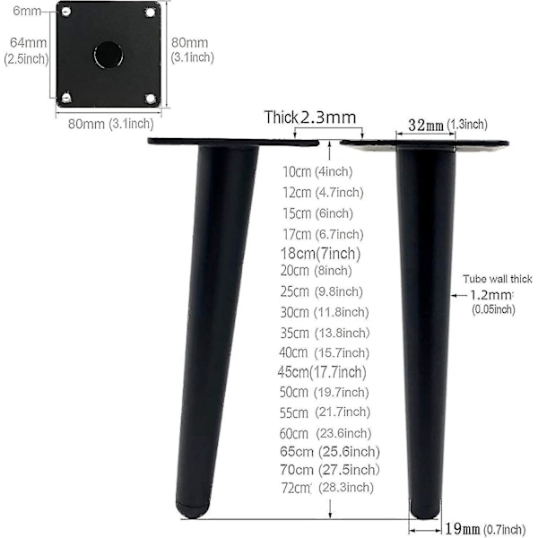 4-pack 30 cm bordsben i metall för moderna möbler, byrå, skåp, bord, stol, ottoman, ersättningsben för möbelstöd, 800 kg kapacitet