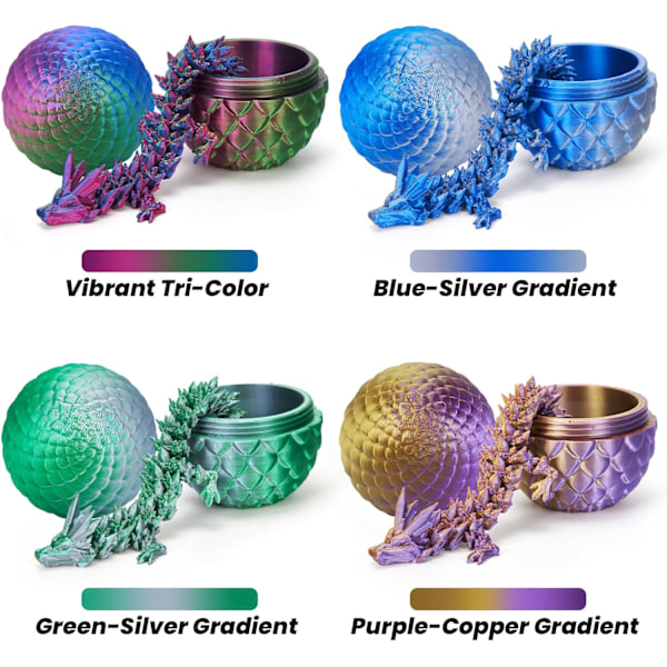 4 stk. 3D-printet påske-drageegg, liten artikulert krystall-drage fidget-leke, overraskelse 3D-printet dyreleke påskekurv (4-delt sett-D)