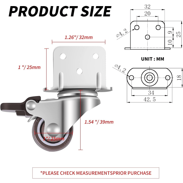 Sett med 4 små svingbare møbelhjul, L-formet monteringsplate, egnet for møbler, blomsterstativer, planteskoler 38 mm med brems