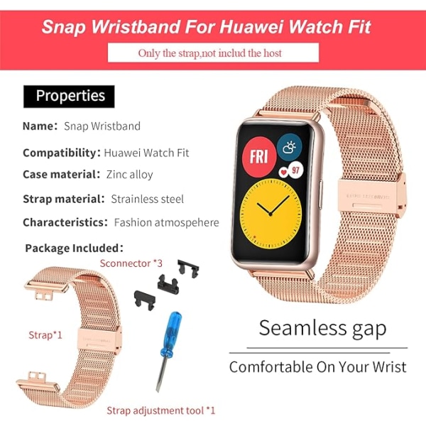 Rem för Huawei Watch Fit i rostfritt stål, metallremmar, tillbehör till Huawei Watch Fit & Huawei Watch Fit