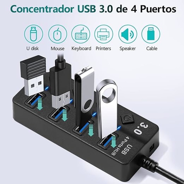 USB 3.0 -keskitin, 4-porttinen jakaja itsenäisillä kytkimillä, useita pistorasioita nopeaan tiedonsiirtoon