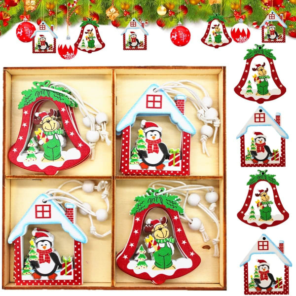 Set med 12 julgransdekorationer i trä, julgransprydnad i trä, julhängen i trä att hänga, små julhängen i trä för julgran
