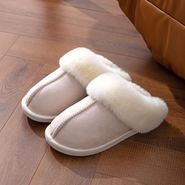 Talvi lämpimät pehmoiset naisten tossut litteät kengät sisäliukumäet Beige 44-45