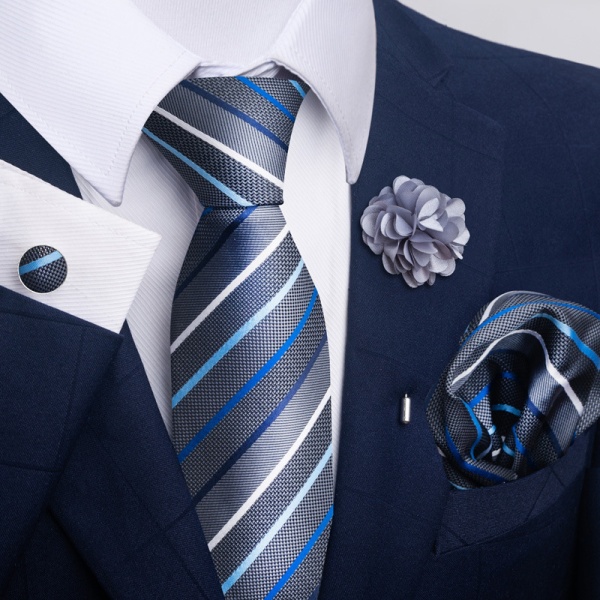 Højklassigt slipset for män med manschettknappar og ficknäsduk og boutonniere 8