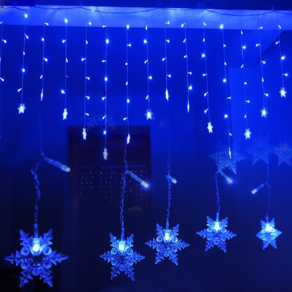 3,5 M Snowflake ljusridå, 96 LED-slingor 8 ljuslägen, fönsterdekoration, jul, bröllop, födelsedag, hem, uteplats - blå
