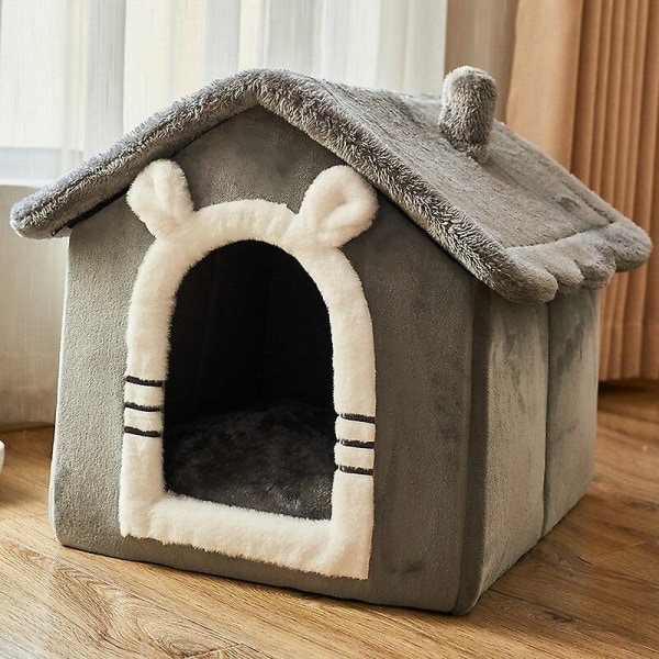 Hopfällbar hundkoja för katter och små hundar, innesluten varm plysch sovplats med avtagbar kudde, inomhus husdjursgrotta säng tält kattmöbler
