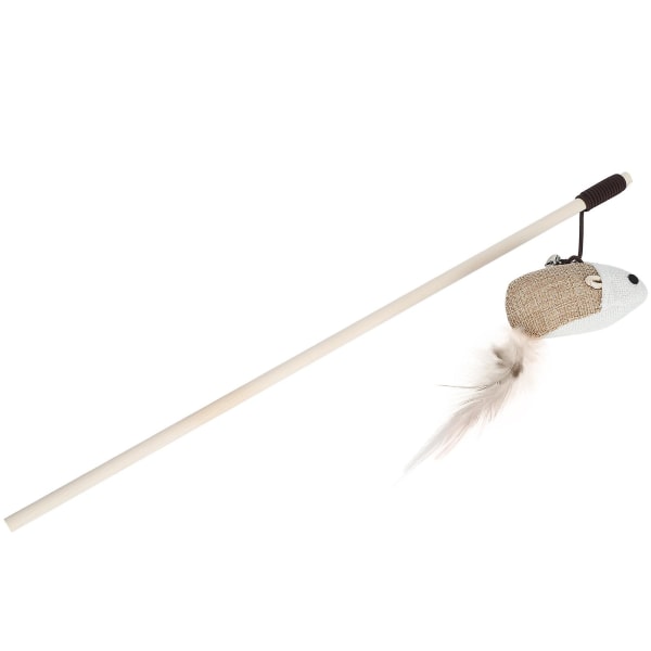 Cat Toy - Wooden Stick Wand with Crisp Bell Feather and Linen Mouse