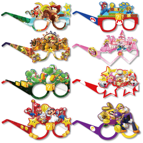 Mario Party Pappersglasögon Fotoställning Spel Tema Födelsedag Glasögon Dekorationstillbehör 16pcs
