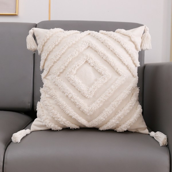 Pack of 2 Boho Tassel Style Tufted Decorative Square Cushion Covers for Living Room Sofa Couch Bed 45 x 45cm 18 x 18 Inches - Pale Yellow