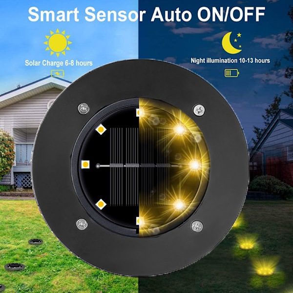 Solcelledrevne jordlys, IP65 vandtætte udendørs LED-disklys til have, stibelysning, varmt hvidt - 8 pak
