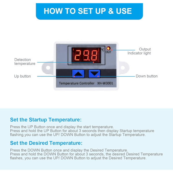 XH-W3001 Digital LCD Temperaturkontrollmodul, Mikrodator Termoregulator Termoelement Termostat med Vanntett Sonde (110-220V)