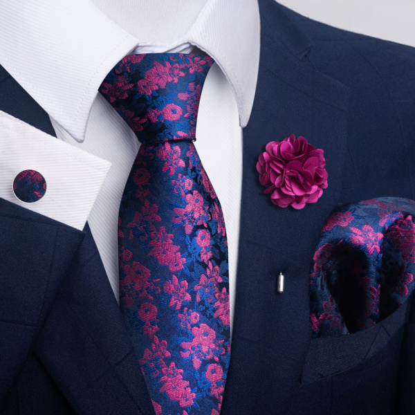 Højklassigt slipset for män med manschettknappar og ficknäsduk og boutonniere 6