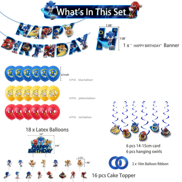 Sonic födelsedagstema festdekoration tecknad dra flagga insats ballonguppsättning C