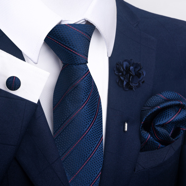 Högklassigt slipset för män med manschettknappar och ficknäsduk och boutonniere 9