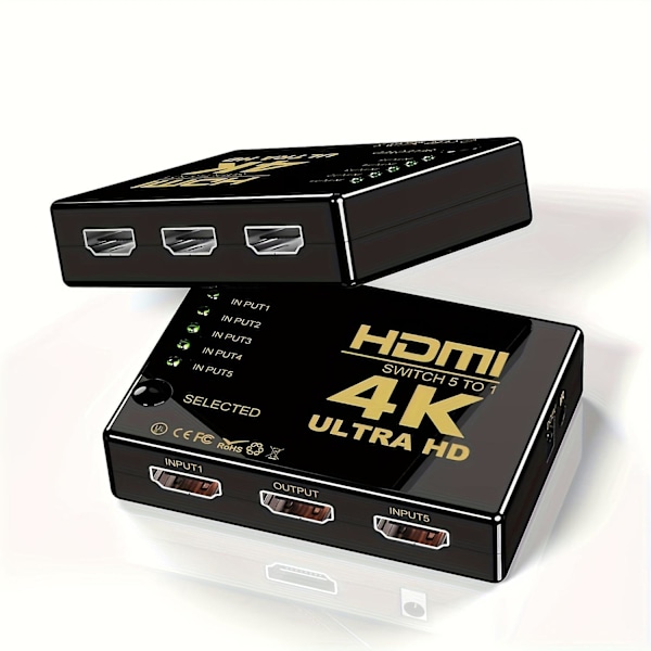 4K HDMI Splitter-kabel - 5 indgange, 1 udgang - Video Switcher-adapter til Xbox, PS4, DVD, HDTV, PC - Understøtter 1080P og Ultra HD 4K-opløsning