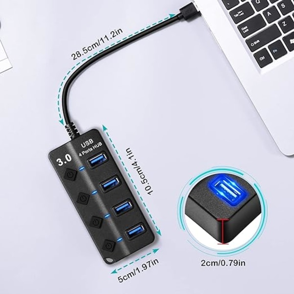 USB 3.0 Hub, 4-port Splitter med uafhængige afbrydere, Flere stik til hurtig dataoverførsel