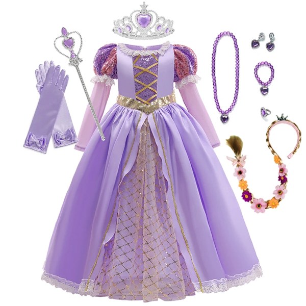 Rapunzelklänning för flickor, utklädningsklänning, fantasy, barnkalas, prinsesskostym, barn, halloween, lila paljetter, meshkläder Rapunzel C Set03-KL Rapunzel C Set03 5-6T(Tag130)