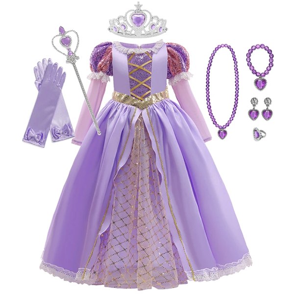 Rapunzelklänning för flickor, utklädningsklänning, fantasy, barnkalas, prinsesskostym, barn, halloween, lila paljetter, nätkläder Rapunzel C Set02-KL Rapunzel C Set02 4T(Tag120)