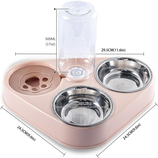 Rostfri dubbel husdjursskål - 3-i-1 dubbla katt- och hundskålar med automatisk vattenförvaring, perfekt för husdjurshundar och -katter (rosa)