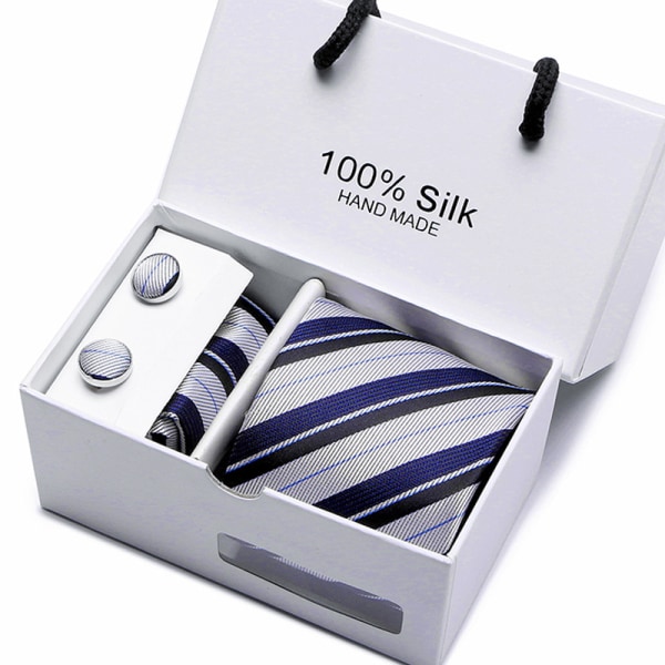 Slipset för män med sleeve button ja Pocket Squares - grått / blått twill