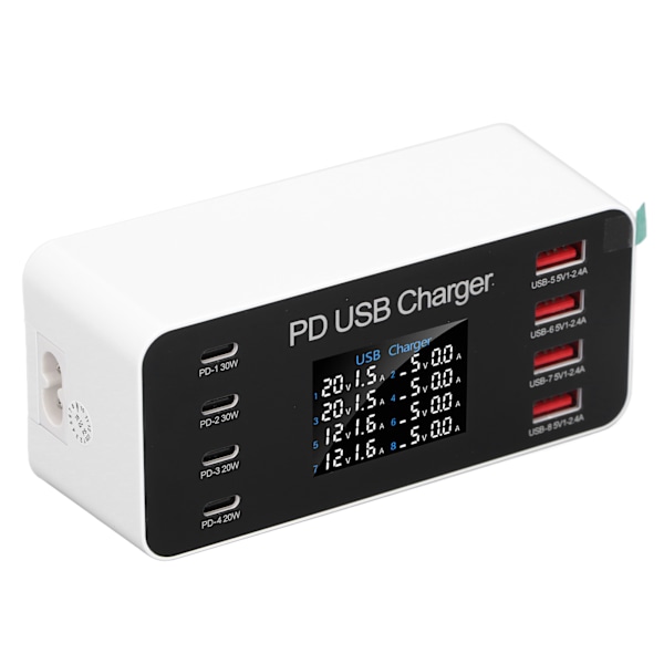 8-portars USB-skrivbordsladdare PD 30W digital display USB-laddningsstation för telefon surfplatta 100-240V EU-kontakt